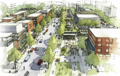 An artists render of an urban area in watercolors