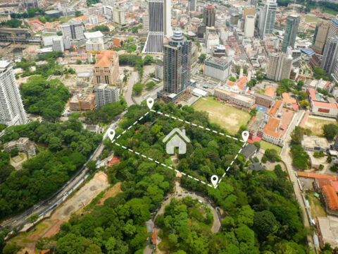 an arial shot of undeveloped land, with a graphic of a subdivision overlaid.